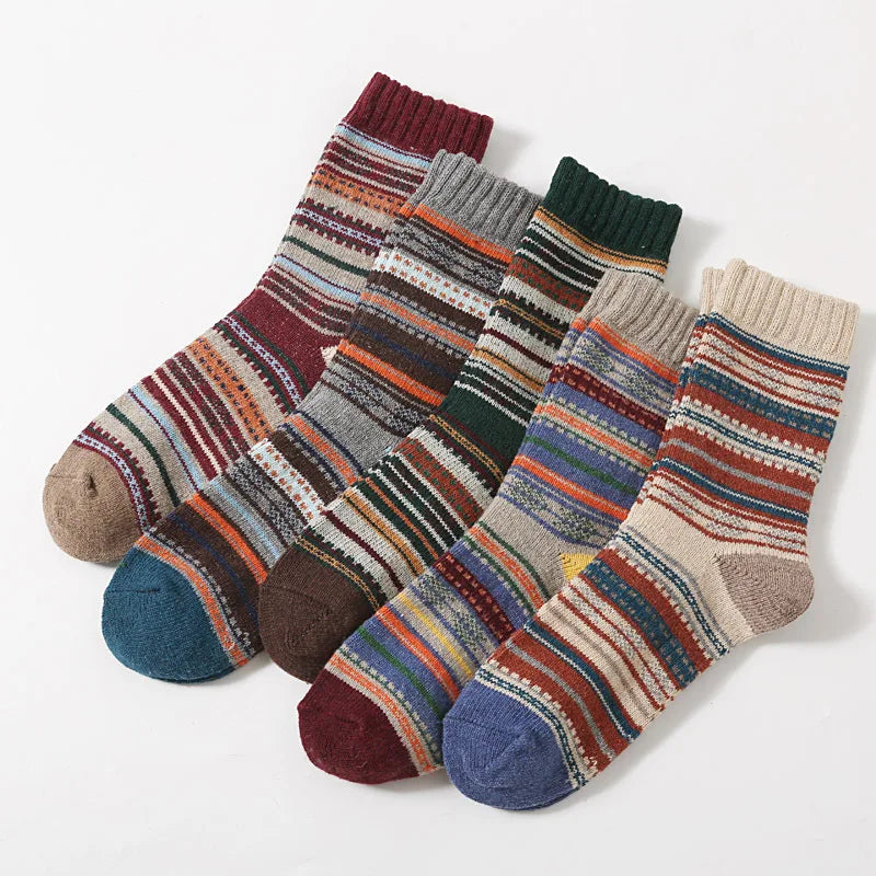 5 Pairs Women's Winter Socks | Retro Japanese Ethnic Knit Wool Blend