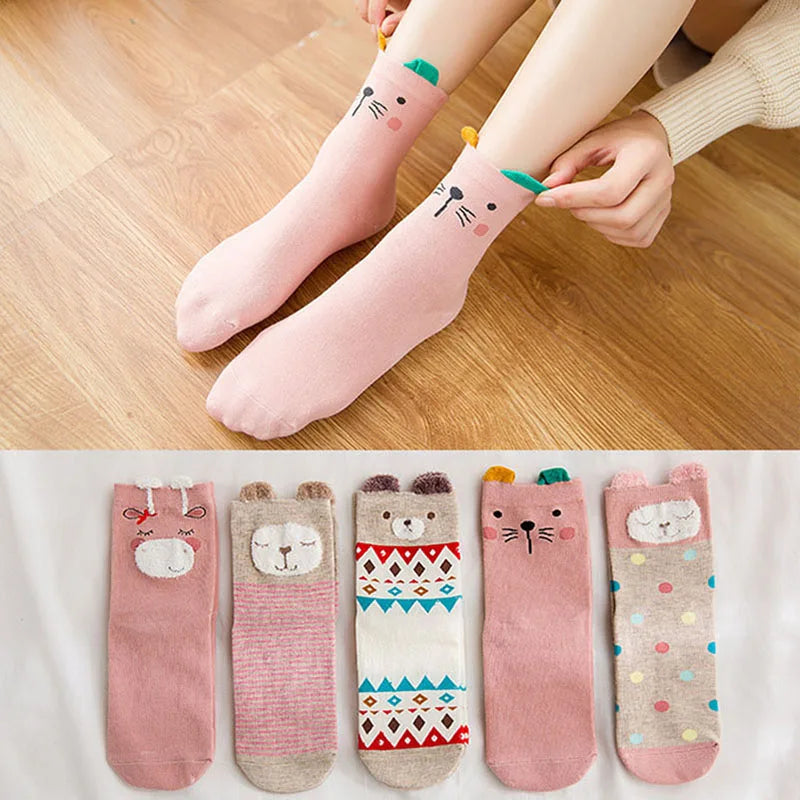 5 Pairs Women's Cat Socks - Cute Animal Cartoon Cotton Art