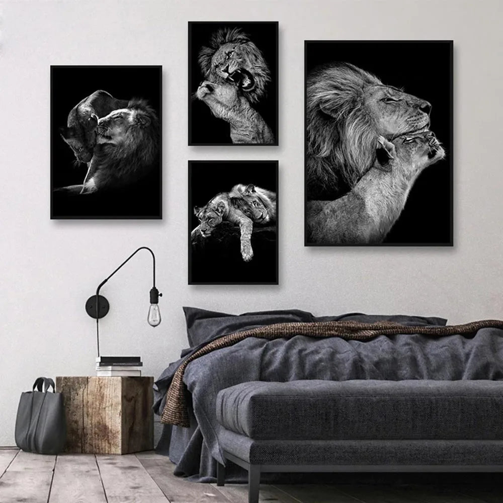 Black & White Lion Canvas Painting | Modern Animal Wall Art Mural Print
