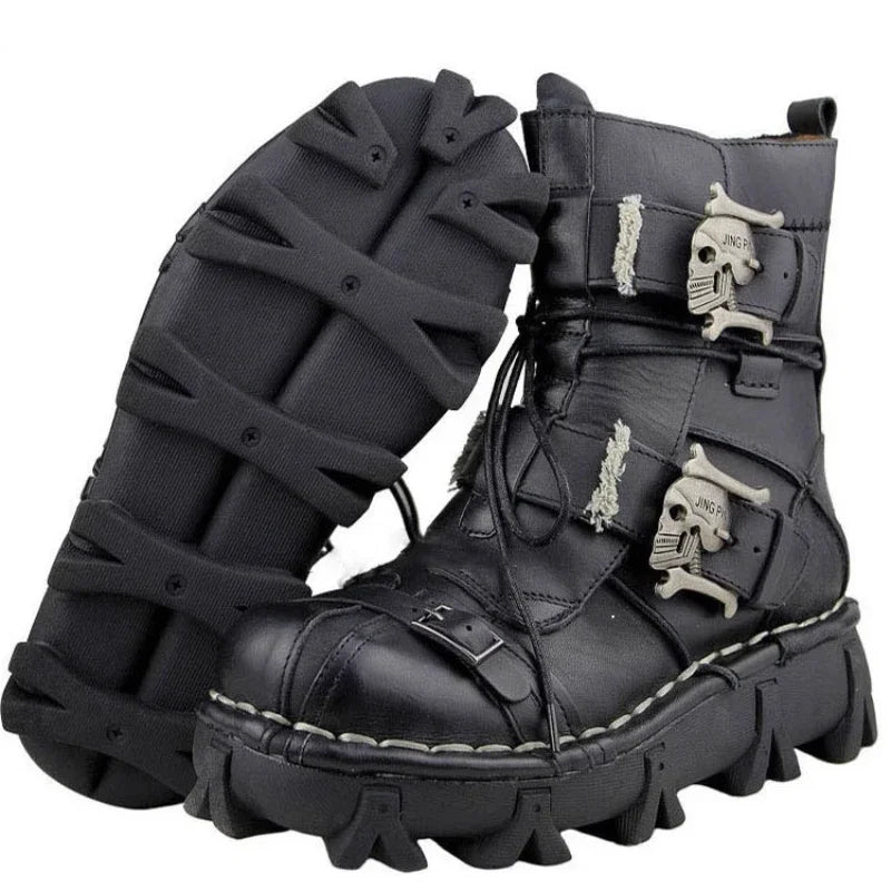 Mens Cowhide Leather Motorcycle Boots - Gothic Skull Boots