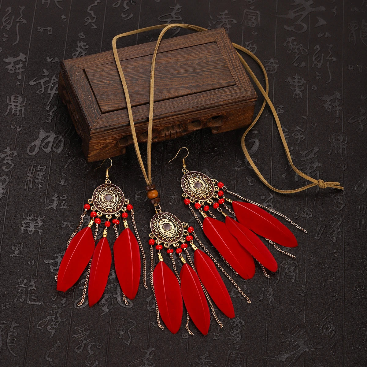 Feather Necklace Earring Set | Vintage Sun Pattern Handmade Jewellery