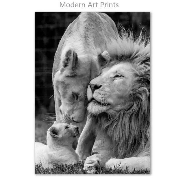 Black & White Lion Canvas Painting | Modern Animal Wall Art Mural Print