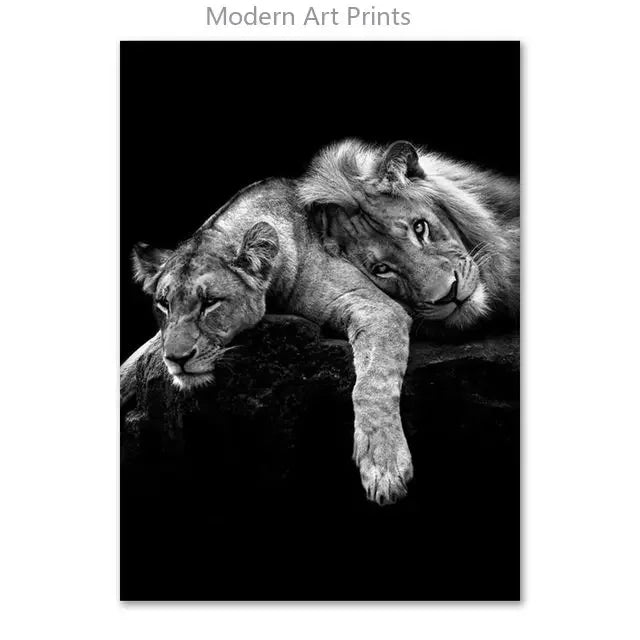 Black & White Lion Canvas Painting | Modern Animal Wall Art Mural Print