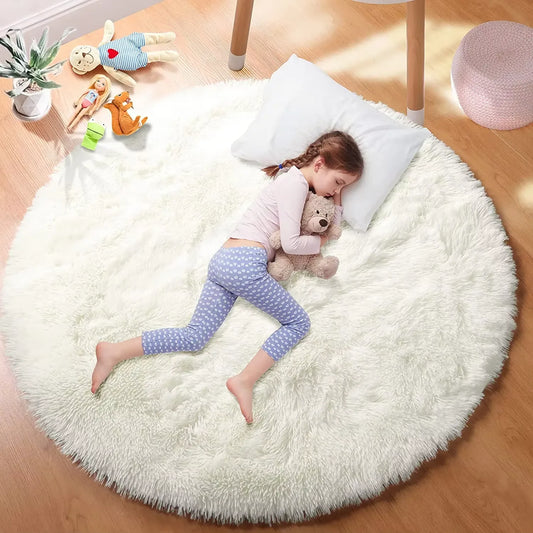 Soft Shaggy Round Rug - Fluffy White Circular Non-Slip Rug