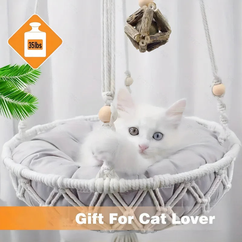 Boho Cat Hammock - Hand Woven Cotton Rope Hanging Swing Bed