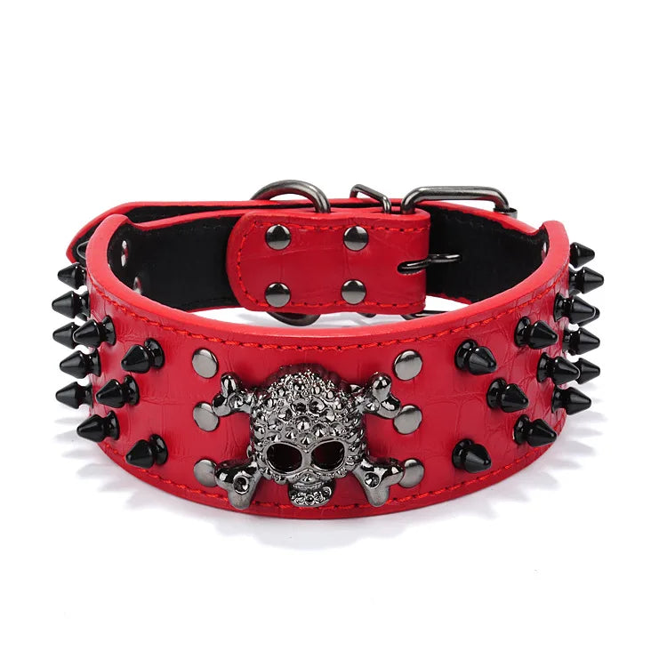 Wide Spiked Skull Dog Collar | Studded Leather Bully Collar for Large