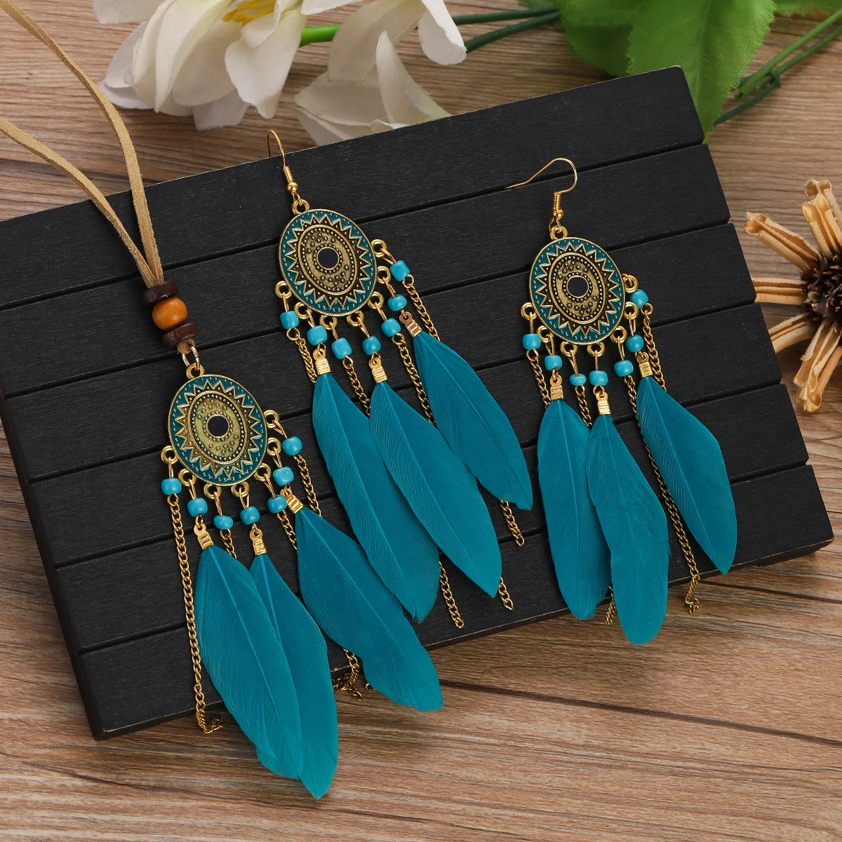 Feather Necklace Earring Set | Vintage Sun Pattern Handmade Jewellery