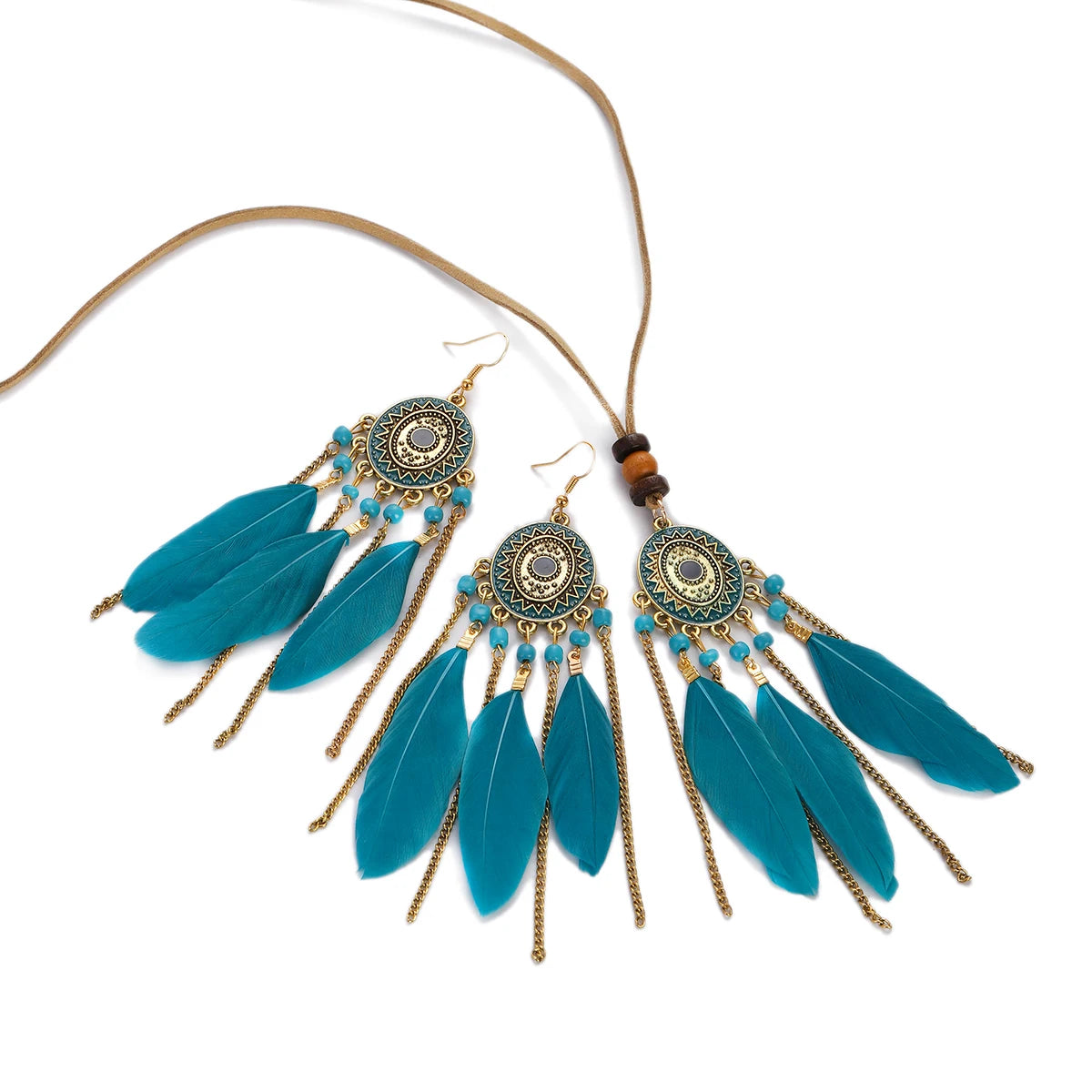 Feather Necklace Earring Set | Vintage Sun Pattern Handmade Jewellery