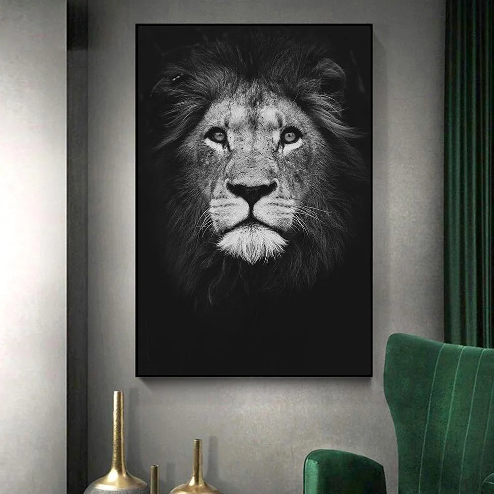 Black & White Lion Canvas Painting | Modern Animal Wall Art Mural Print