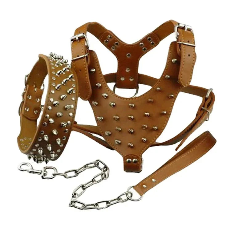Spiked Studded Dog Harness Set - Heavy Duty Leather 3-Piece