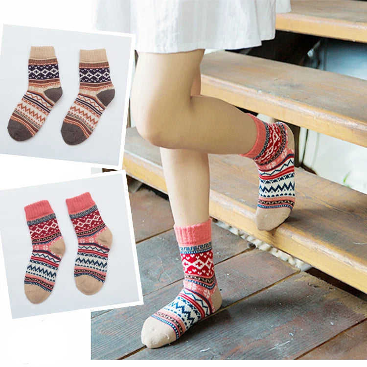 5 Pairs Women's Winter Socks | Retro Japanese Ethnic Knit Wool Blend