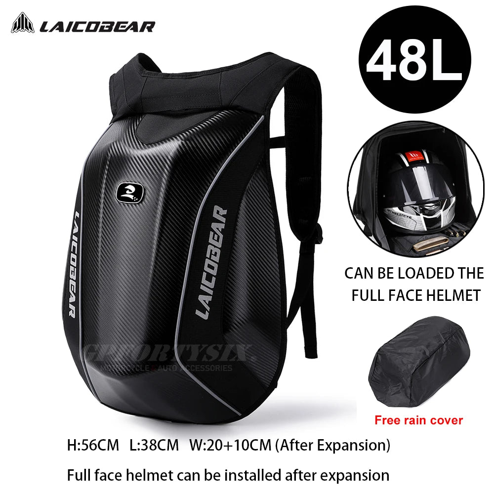 48L Waterproof Motorcycle Backpack | Hard Shell Full Face Helmet Bag