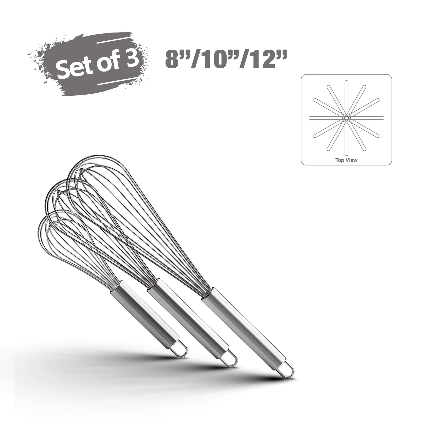 Stainless Steel Balloon Whisk Set | 8" 10" 12" Manual Egg Beater Tools