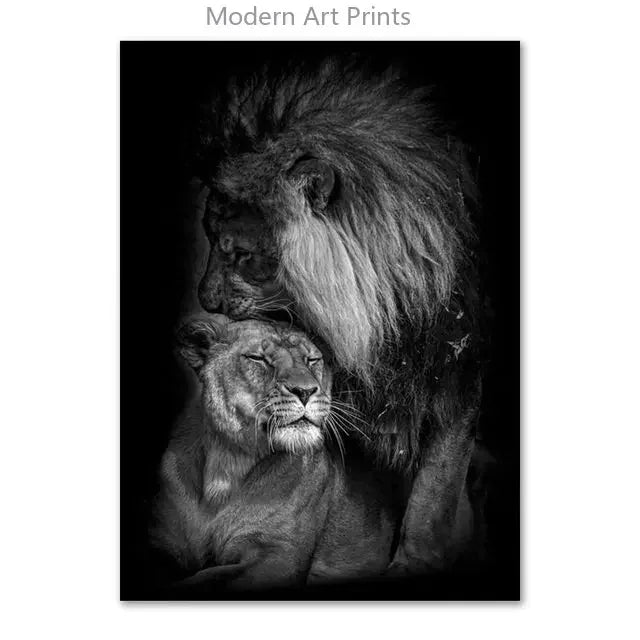 Black & White Lion Canvas Painting | Modern Animal Wall Art Mural Print