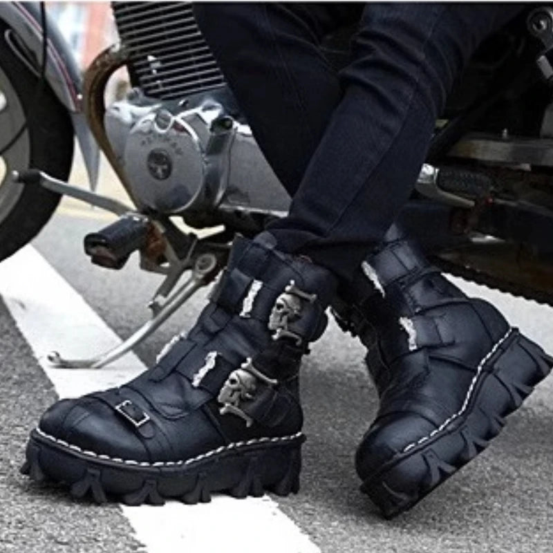 Mens Cowhide Leather Motorcycle Boots - Gothic Skull Boots