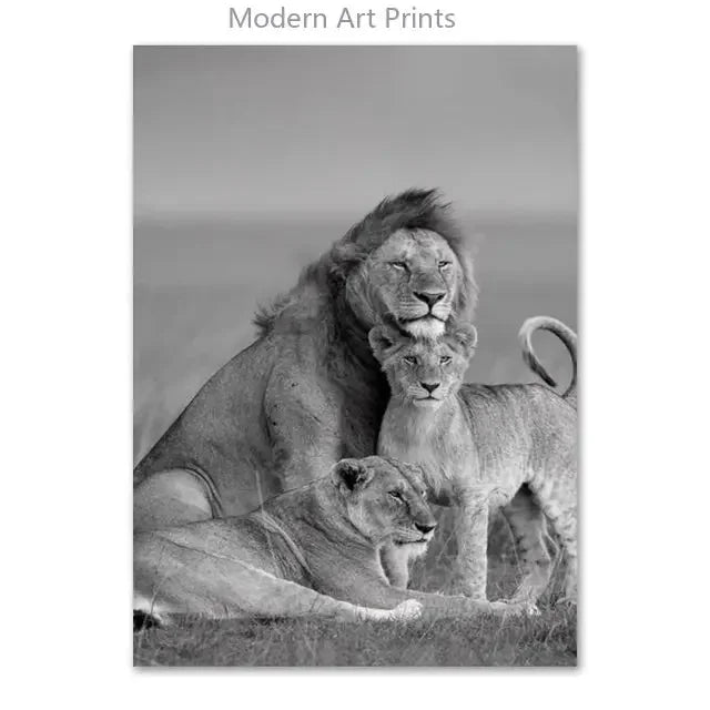 Black & White Lion Canvas Painting | Modern Animal Wall Art Mural Print