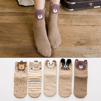 5 Pairs Women's Cat Socks - Cute Animal Cartoon Cotton Art