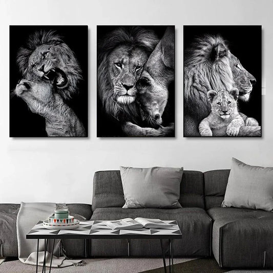 Black & White Lion Canvas Painting | Modern Animal Wall Art Mural Print