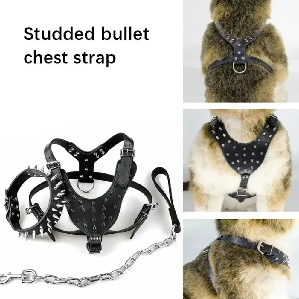 Spiked Studded Dog Harness Set - Heavy Duty Leather 3-Piece