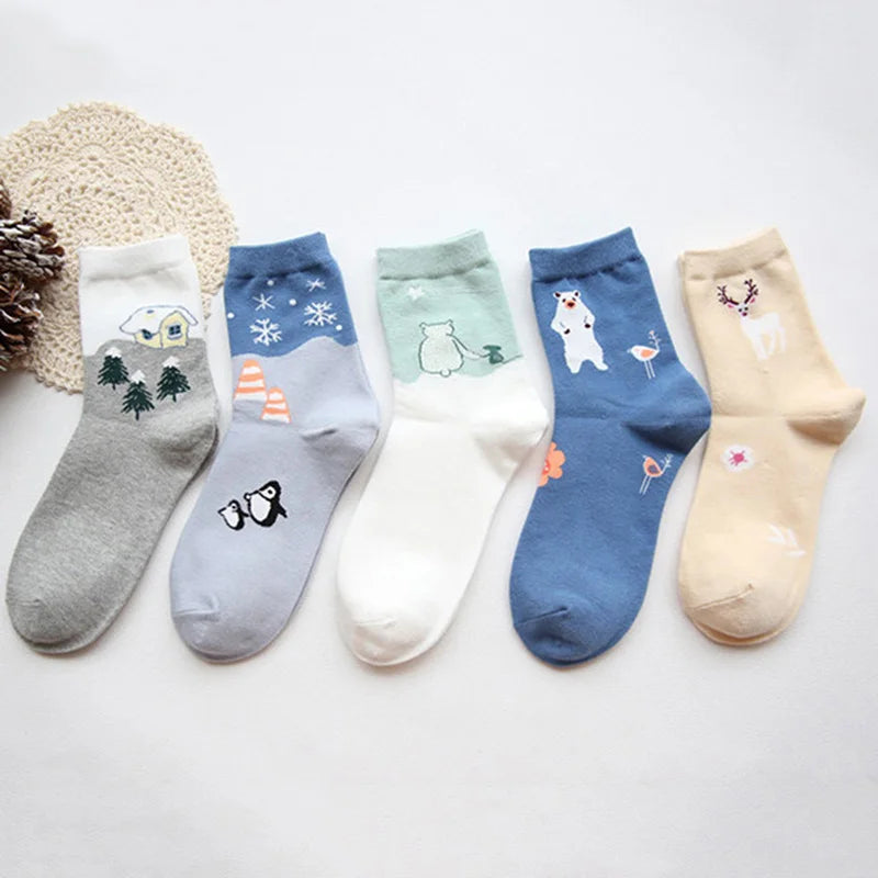 5 Pairs Women's Cat Socks - Cute Animal Cartoon Cotton Art