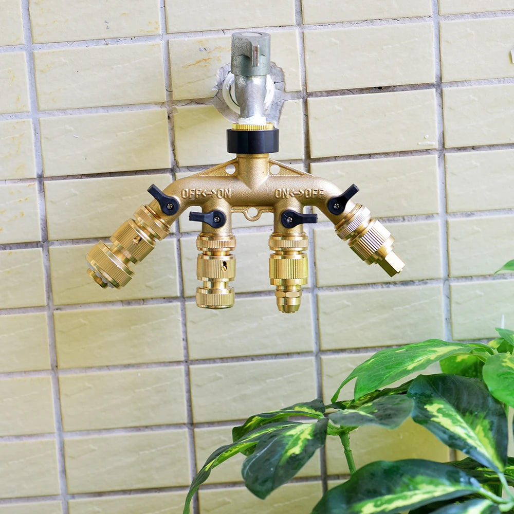 Heavy-Duty 4-Way Brass Garden Hose Splitter - 3/4" Tap Diverter