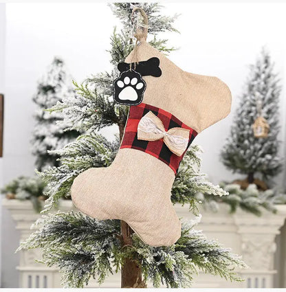 Dog Bone Christmas Stocking - Burlap Plaid Xmas Pet Stocking