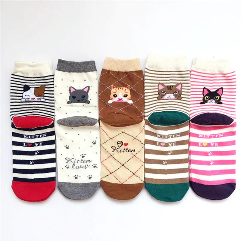 5 Pairs Women's Cat Socks - Cute Animal Cartoon Cotton Art