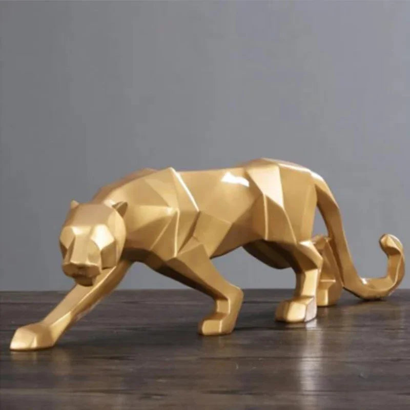 Geometric Panther Statue - Modern Gold Leopard Resin Sculpture