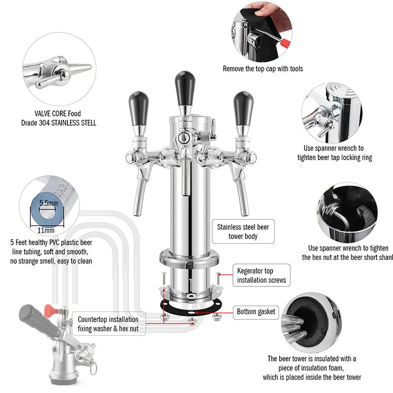 3 Faucet Kegerator Beer Tower | 3" Silver Column Flow Control Taps