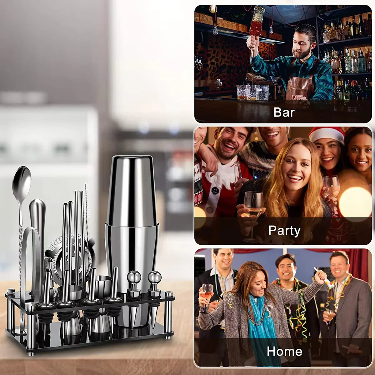 25pc Boston Cocktail Shaker Set | Professional Bartender Kit & Stand