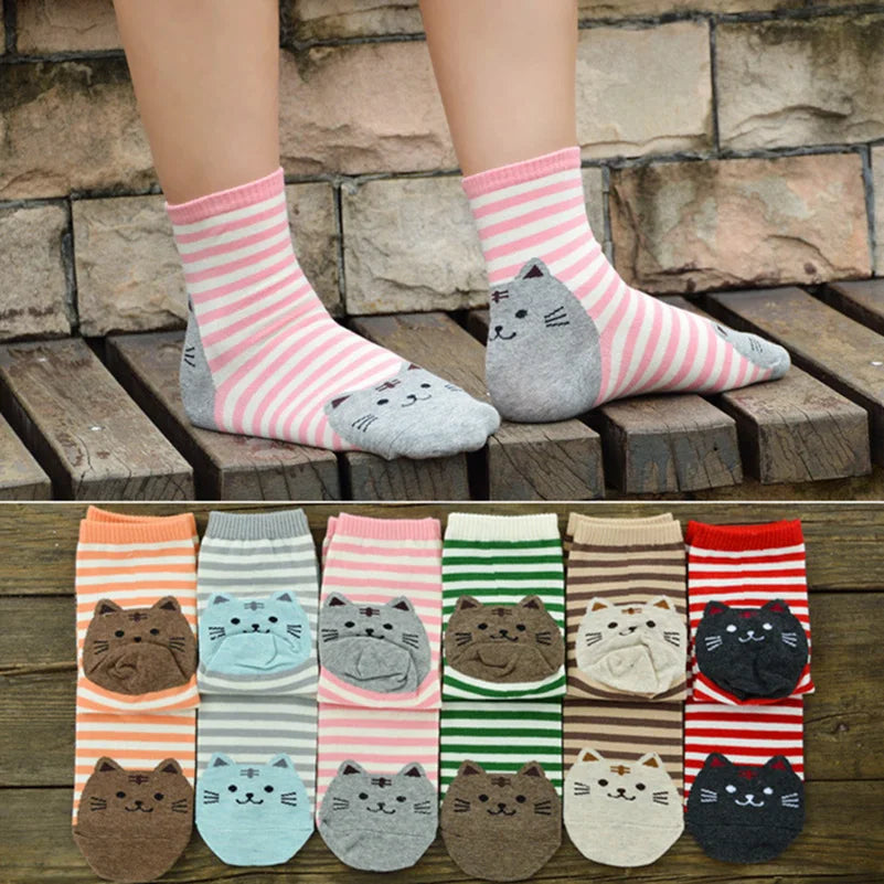 5 Pairs Women's Cat Socks - Cute Animal Cartoon Cotton Art