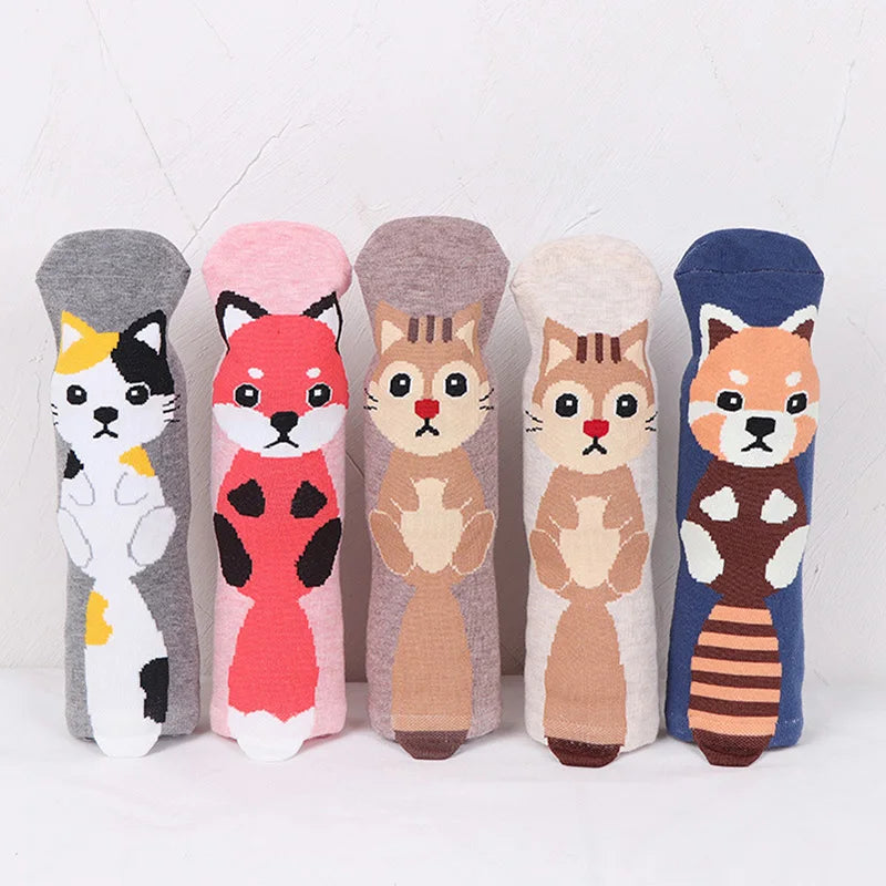 5 Pairs Women's Cat Socks - Cute Animal Cartoon Cotton Art