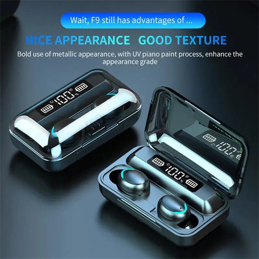 F9 Wireless Headphones | Large Battery Charging Case & LED Display ID