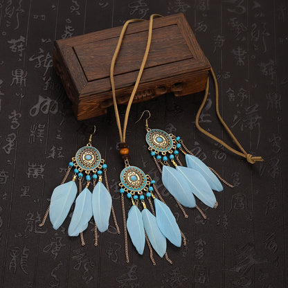 Feather Necklace Earring Set | Vintage Sun Pattern Handmade Jewellery