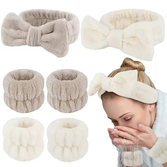 3Pcs Spa Headband & Wristband Set | Microfiber Face Wash Makeup Band