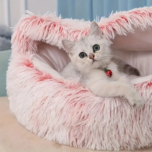 Calming Cat Bed Cave | Warm Plush Hooded Doughnut Nest & Pet Mattress