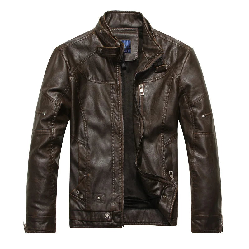 Mens Retro Leather Jacket | American Style Stand Collar Biker Blazer