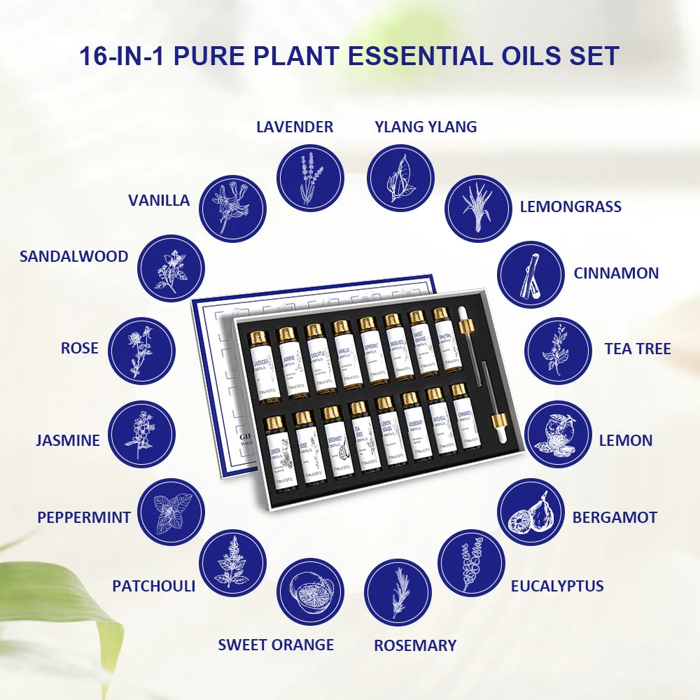 16-Pack Pure Essential Oils Set - 10ml Aromatherapy Collection