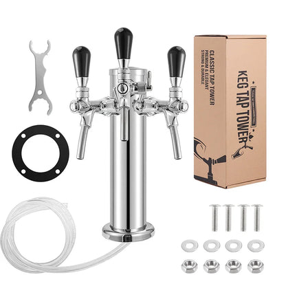 3 Faucet Kegerator Beer Tower | 3" Silver Column Flow Control Taps