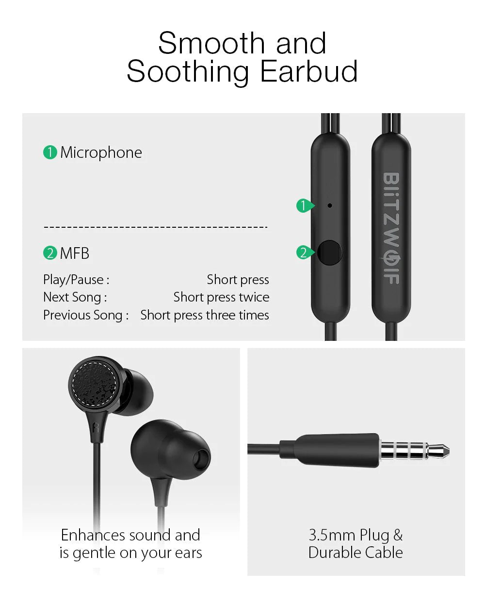 BlitzWolf BW-ES3 In Ear Earphone w/ Dynamic Driver Stereo Audio and 3.5mm Connection IPX5 Waterproof Earphone with Mic - Buy Confidently with Smart Sales Australia