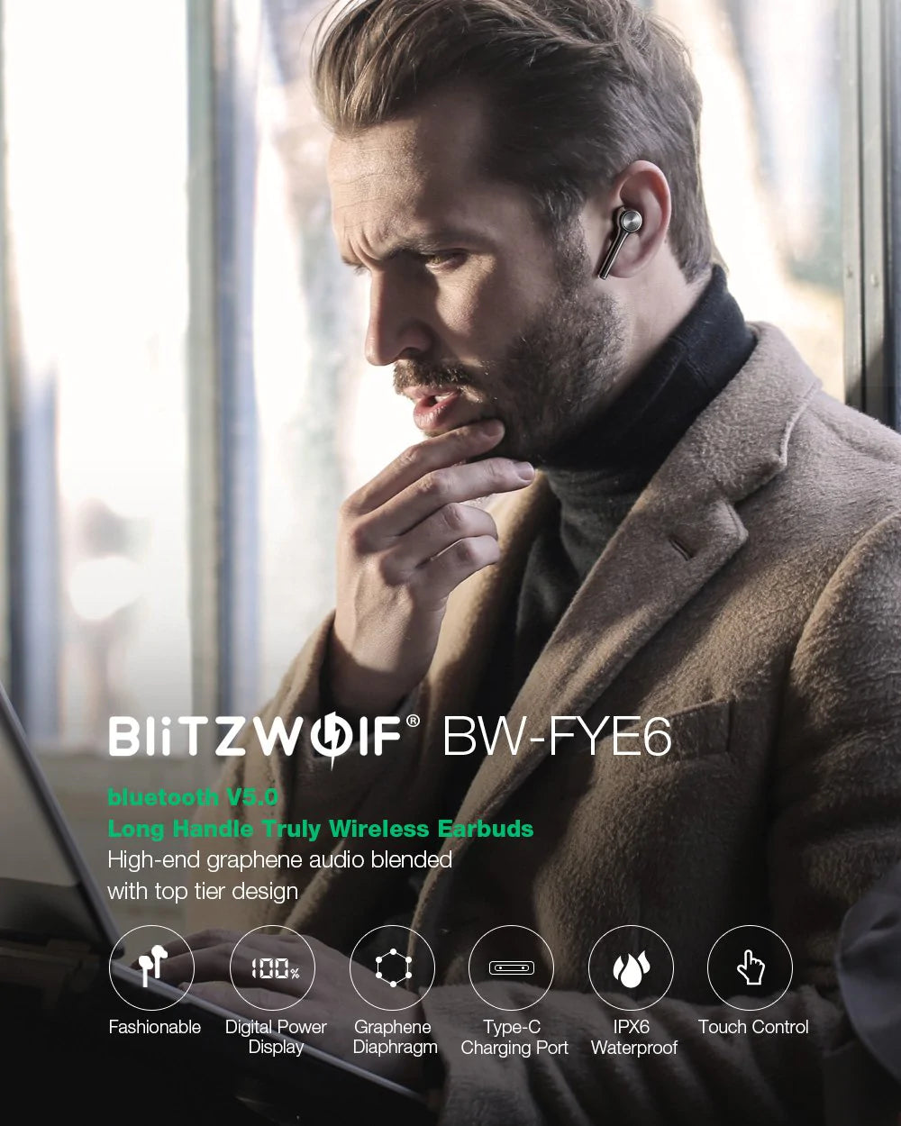BlitzWolf BW-FYE6 Bluetooth V5.0 In-Ear Earphones | Digital Display Touch Control | Graphene Portable Charger Carry Case for Smartphones - Buy Confidently with Smart Sales Australia