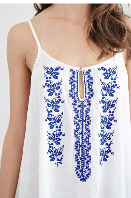 Sexy Women Fashion Linen Hollow Retro Ethnic Embroidery Pattern Irregular Asymmetrical Hem Fringed Tassel Spaghetti Strap Dress - Buy Confidently with Smart Sales Australia