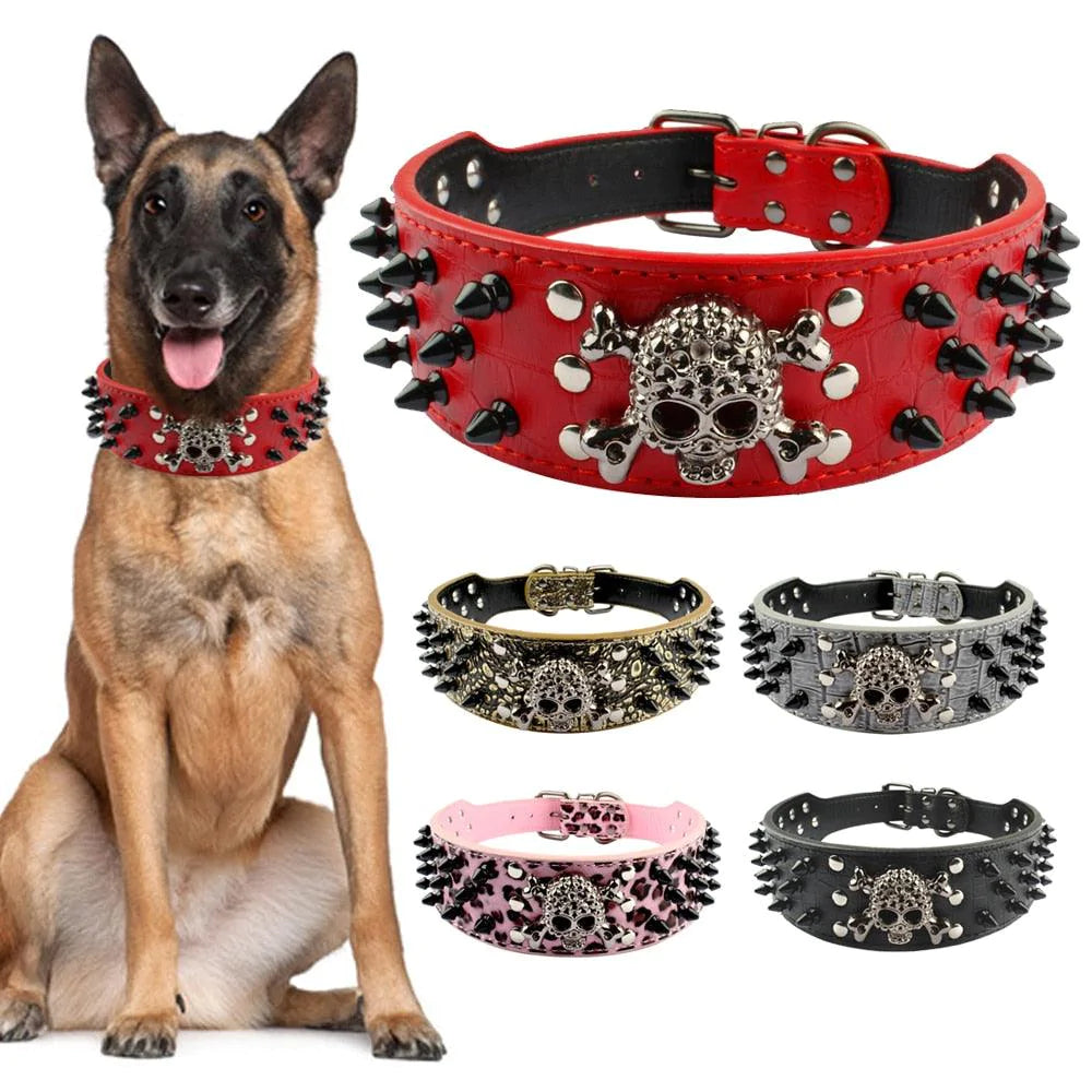 Studded Bullet Rivets Leather Collar with Cool Skull for Medium Large Dogs - Buy Confidently with Smart Sales Australia