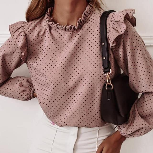 Tousled Printed Long-Sleeve Blouse Dotted Design For Women - Buy Confidently with Smart Sales Australia