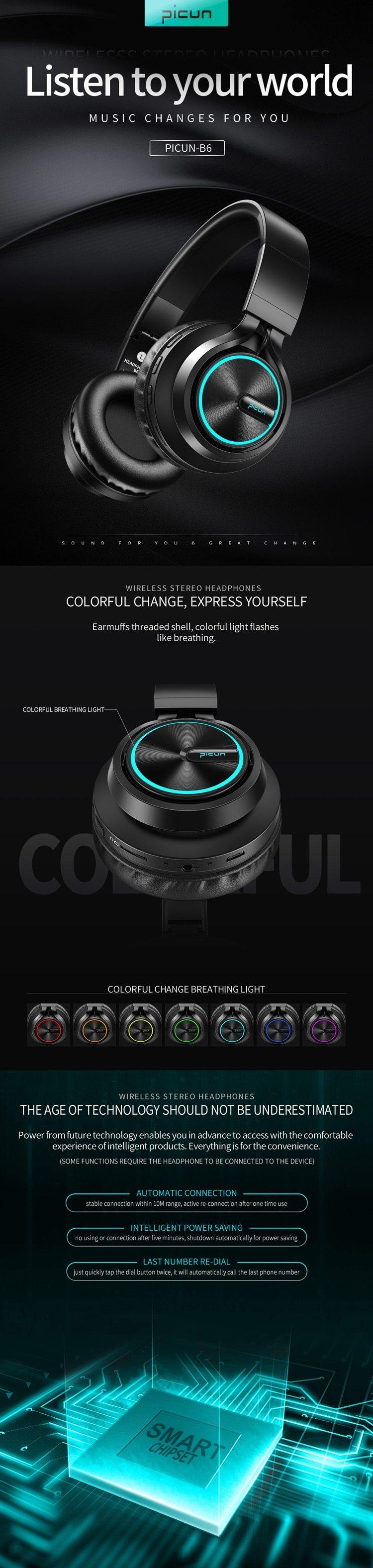 Tourya B6 Wireless BT Headphones Over Ear Head set |Colorful light| 12 Hours Working time Compatible with PC, Laptop Cell phones - Buy Confidently with Smart Sales Australia